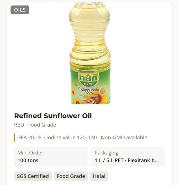 Refined Sunflower Oil bottle and sunflower seeds