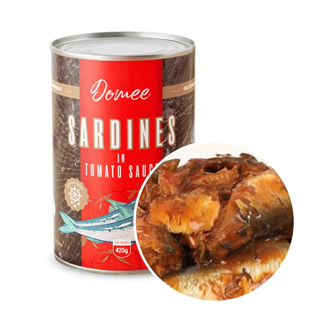 Canned sardines in tomato sauce, oil preserved