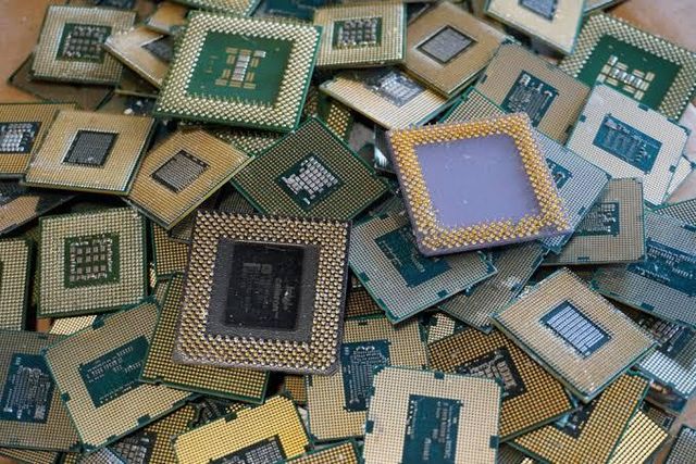 Detailed view of ceramic layers on scrap CPUs