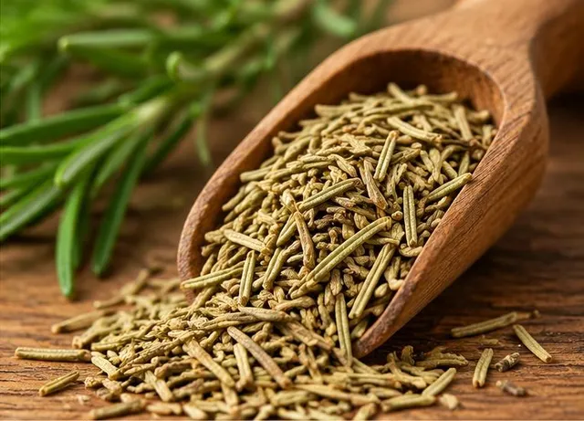 Rosemary essential oil in dropper bottle with fresh rosemary leaves