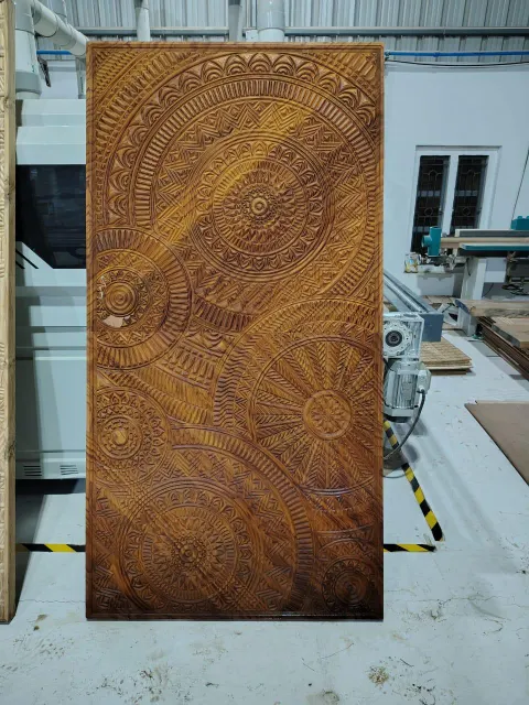 Solid teak wood main door with detailed wood carving