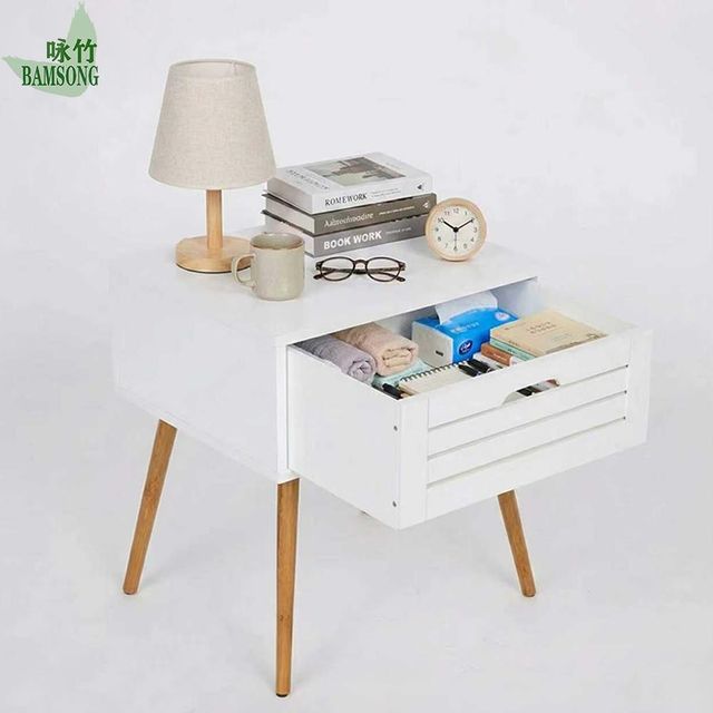 Hidden drawer pulled out of Nightstand Matte White Cabinet