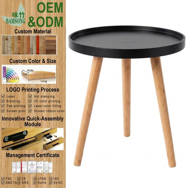 Black Round Raised Tray Tabletop Mini Bedside Table - Image 1