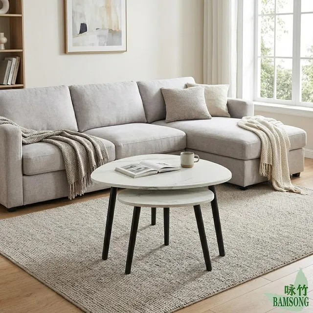 Decorative use of nesting end coffee tables in a modern living room