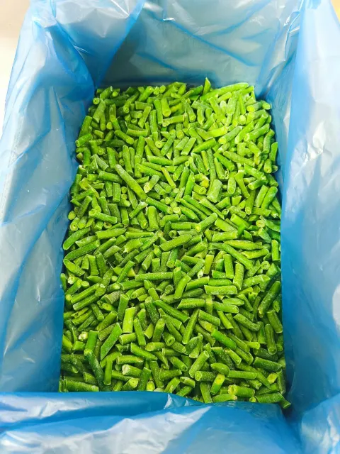 Frozen green beans on a tray