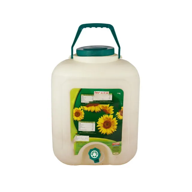 Refined sunflower oil bottles arranged in a display