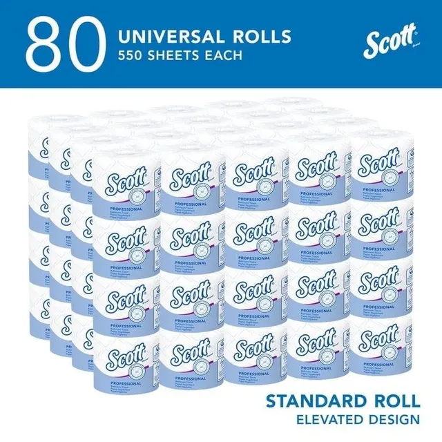 Multiple rolls of Scott Essential Professional Toilet Paper in packaging
