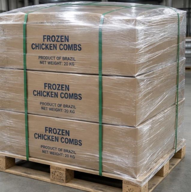 Bulk frozen chicken combs and crests arranged ready for shipment