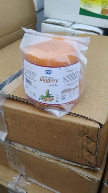 Close-up view of golden jaggery cubes