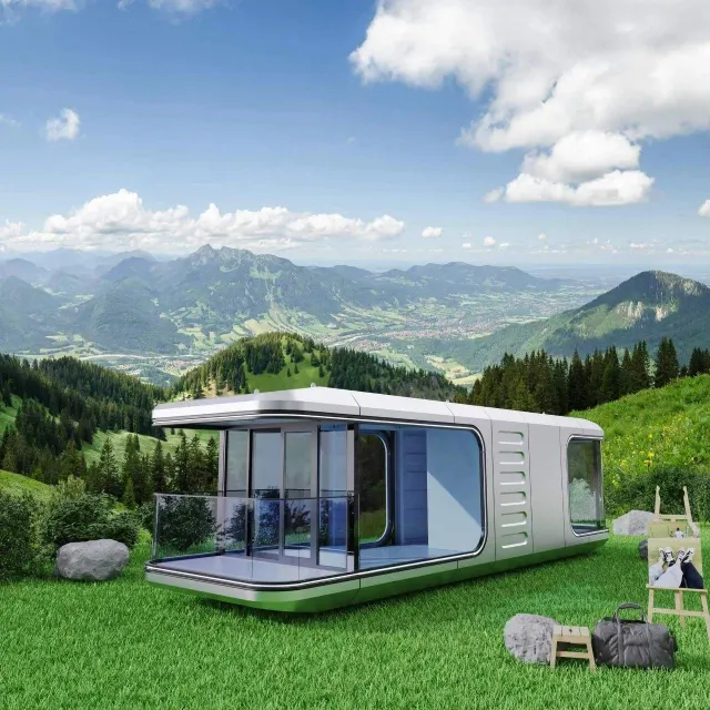 Exterior view of Luxury Space Capsule House with glass walls